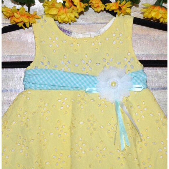NWT Blueberi Boulevard Girls 12M Yellow Eyelet Lace Dress Plaid Belt with Daisy - Picture 2 of 12